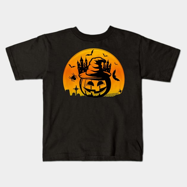 Spooky Moon Halloween Witch Monster Ghost Pumpkin 9 Kids T-Shirt by fromherotozero